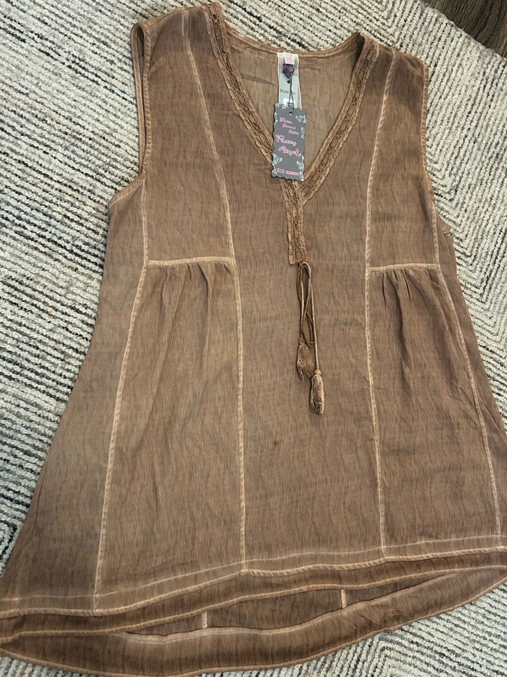 Pretty Angel Sleeveless Brown V-Neck Tassel Tunic Top Size XL Linen
